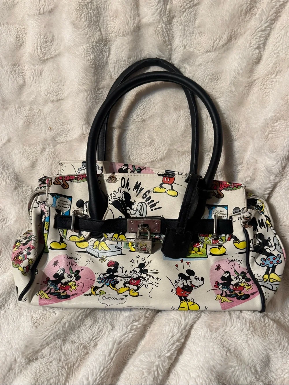 Disney White Cartoon Print Satchel with Black Handles and Pink Accents